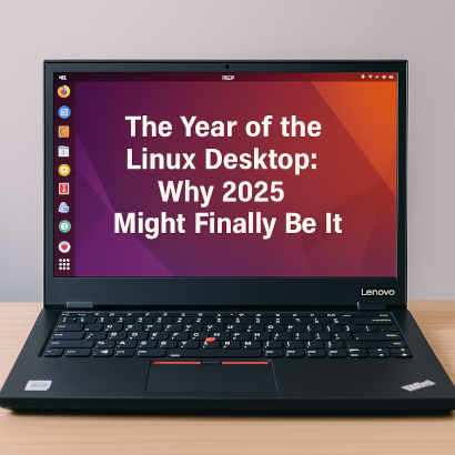 Lenovo laptop running Ubuntu 24.04 GNOME desktop with orange and purple wallpaper, displaying the title ‘The Year of the Linux Desktop: Why 2025 Might Finally Be It’ on screen.