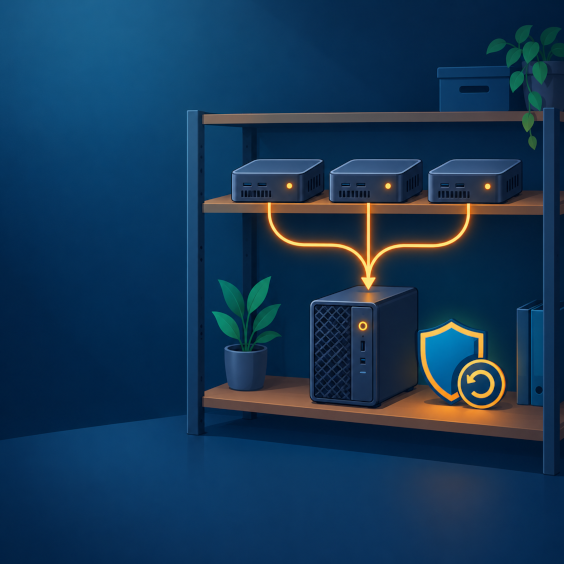 Illustration of a home lab shelf with three small mini PCs representing a Proxmox cluster, connected by glowing data lines to a separate backup server below, with a shield and restore arrow