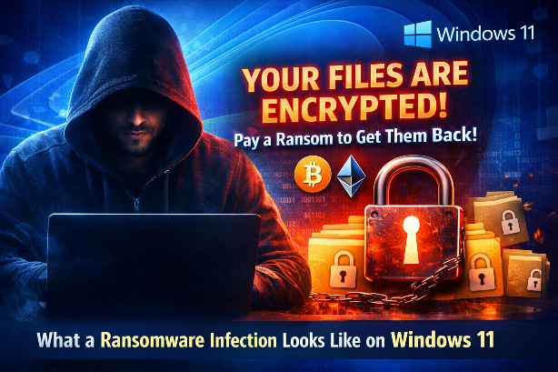 Ransomware attack on Windows 11 showing a hacker, encrypted files, padlock icon, and ransom message demanding cryptocurrency payment