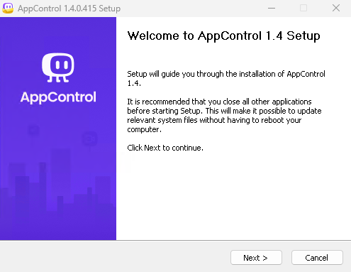 AppControl installer screen and first-run activity graph